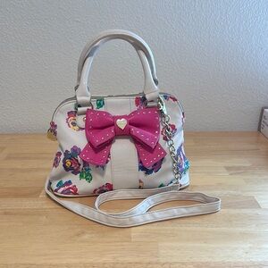 Betsey Johnson Cream and Pink Satchel with Floral Bow